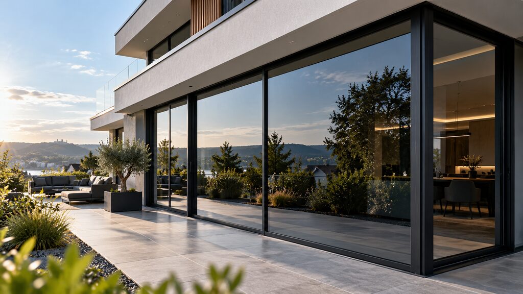 Visualisierung: modernes Wohnhaus mit großen, raumhohen Glasflächen und Terrasse – Anwendungsbeispiel für Sicht- und Sonnenschutzfolien
