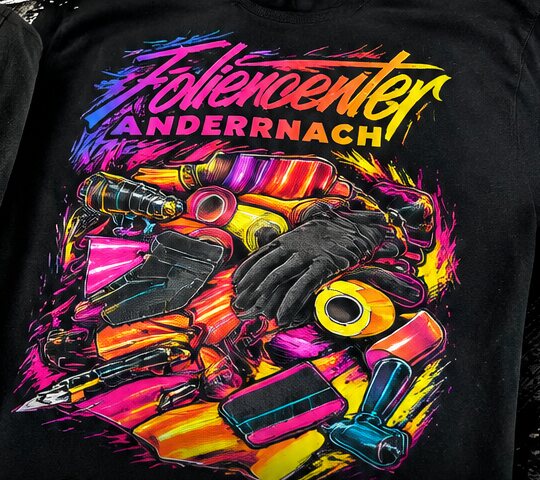 Schwarzes T-Shirt mit farbigem Foliencenter-Andernach-Druck