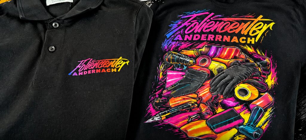 Poloshirt mit dezentem Brustlogo und T-Shirt mit großflächigem Farbdruck von Foliencenter Andernach